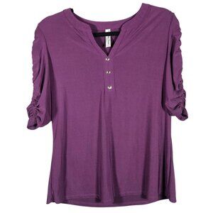 Perseption Conception Purple Ruched 3/4 Sleeve Womens Top With Button Accents S